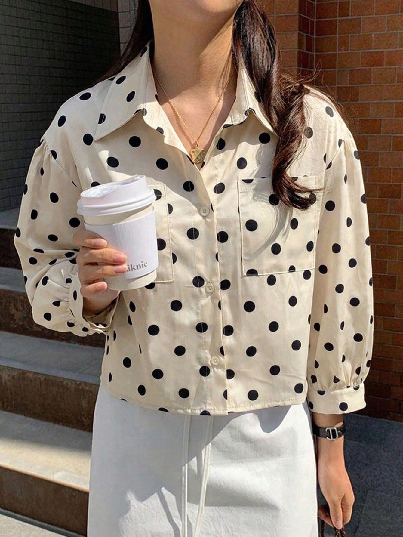 Jouncy Women's Loose Short Polka Dot Print Long Sleeve Shirt