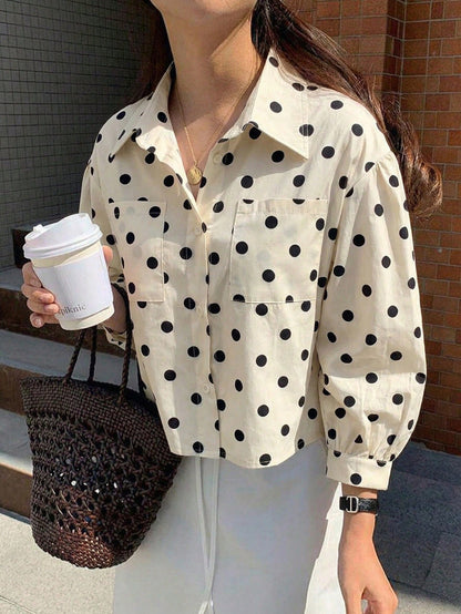 Jouncy Women's Loose Short Polka Dot Print Long Sleeve Shirt