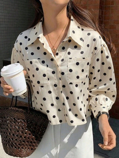 Jouncy Women's Loose Short Polka Dot Print Long Sleeve Shirt