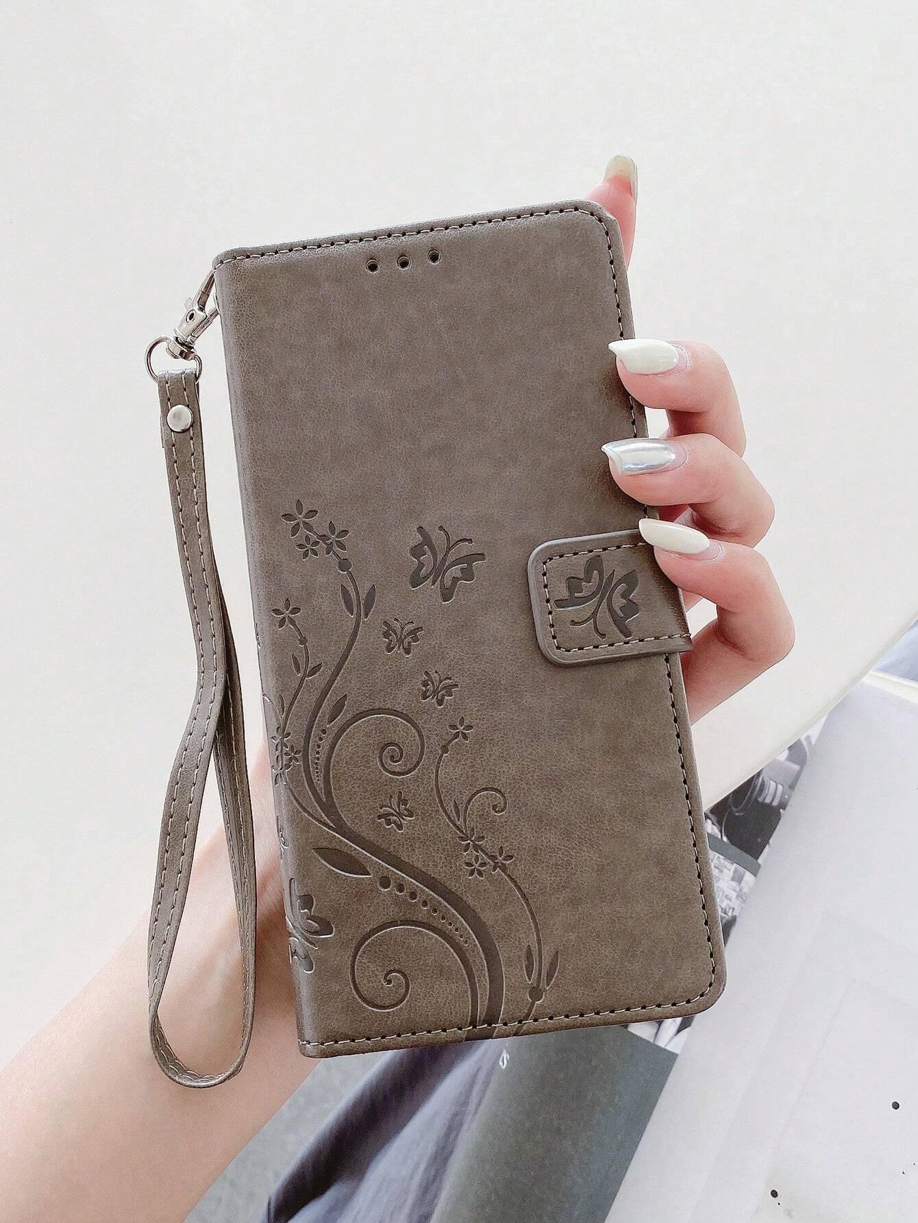 keyunfei Shockproof Fashion 1pc Gray Butterfly Embossed Pattern Card Holder Wallet Flip Cover With Wrist Strap Phone Case Compatible With Apple 17/Air/16/16E, Galaxy A13 4G/A26, Nord 2T, A16, Note 12
