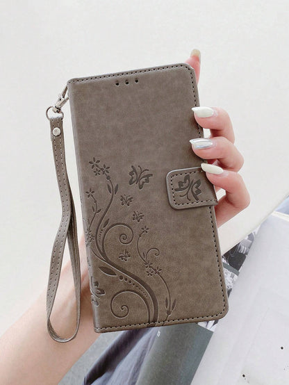 keyunfei Shockproof Fashion 1pc Gray Butterfly Embossed Pattern Card Holder Wallet Flip Cover With Wrist Strap Phone Case Compatible With Apple 17/Air/16/16E, Galaxy A13 4G/A26, Nord 2T, A16, Note 12