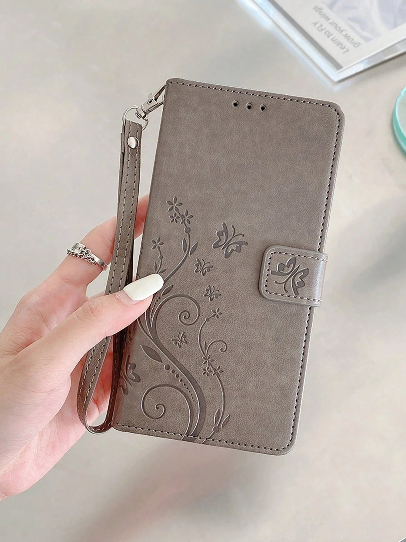 keyunfei Shockproof Fashion 1pc Gray Butterfly Embossed Pattern Card Holder Wallet Flip Cover With Wrist Strap Phone Case Compatible With Apple 17/Air/16/16E, Galaxy A13 4G/A26, Nord 2T, A16, Note 12