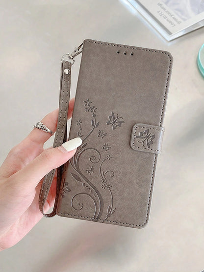 keyunfei Shockproof Fashion 1pc Gray Butterfly Embossed Pattern Card Holder Wallet Flip Cover With Wrist Strap Phone Case Compatible With Apple 17/Air/16/16E, Galaxy A13 4G/A26, Nord 2T, A16, Note 12