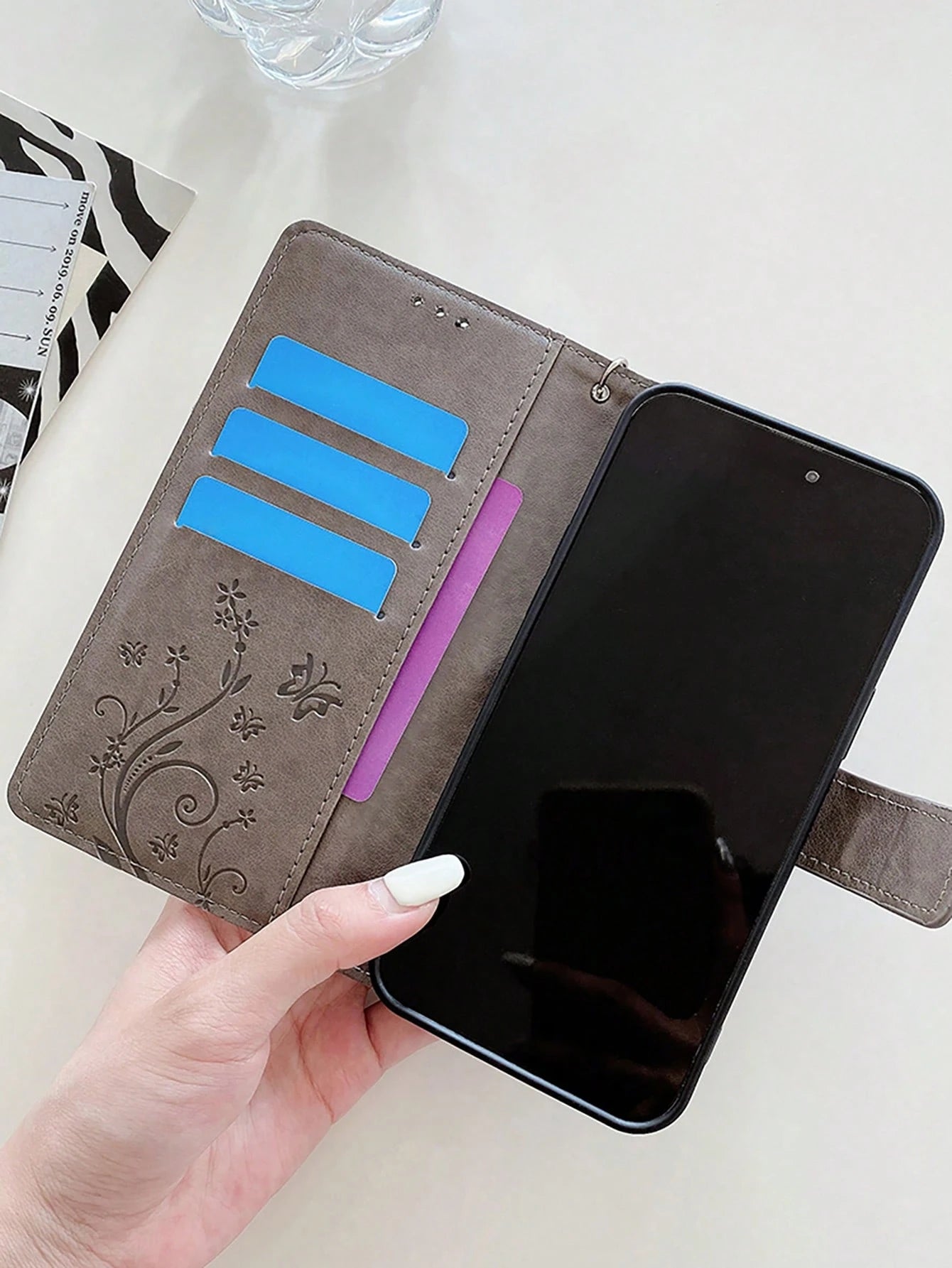 keyunfei Shockproof Fashion 1pc Gray Butterfly Embossed Pattern Card Holder Wallet Flip Cover With Wrist Strap Phone Case Compatible With Apple 17/Air/16/16E, Galaxy A13 4G/A26, Nord 2T, A16, Note 12