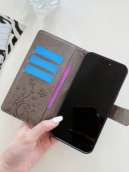keyunfei Shockproof Fashion 1pc Gray Butterfly Embossed Pattern Card Holder Wallet Flip Cover With Wrist Strap Phone Case Compatible With Apple 17/Air/16/16E, Galaxy A13 4G/A26, Nord 2T, A16, Note 12