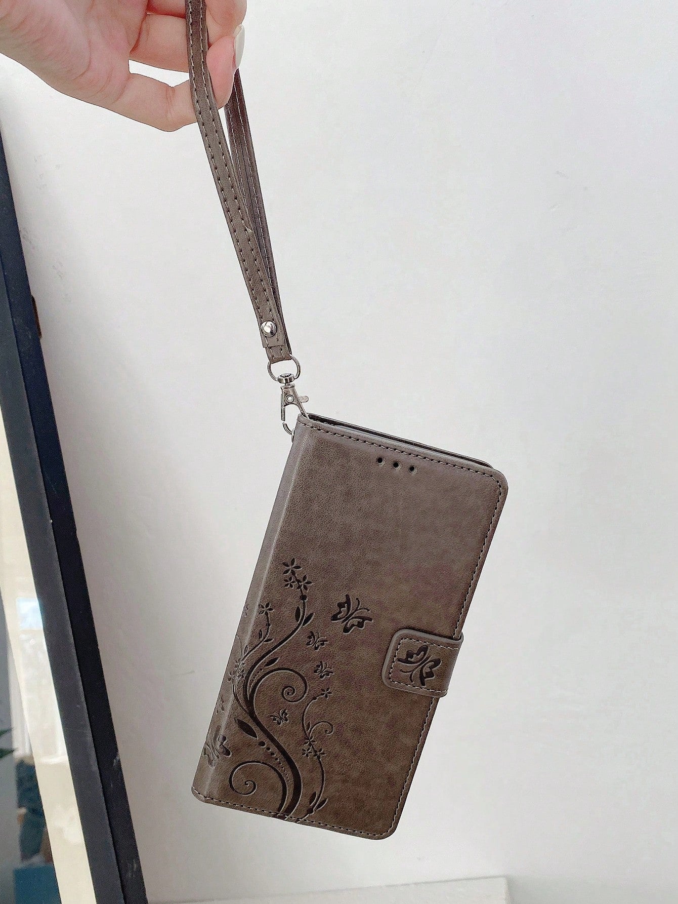 keyunfei Shockproof Fashion 1pc Gray Butterfly Embossed Pattern Card Holder Wallet Flip Cover With Wrist Strap Phone Case Compatible With Apple 17/Air/16/16E, Galaxy A13 4G/A26, Nord 2T, A16, Note 12