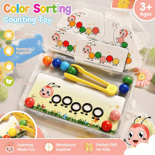 Kids Montessori Color Sorting Toy, Caterpillar Counting Game With Tweezers, Fine Motor Skills Learning Activity 3+