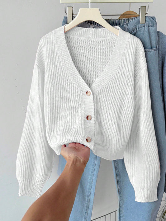 Kids/Teen Girls' Solid V-Neck Cropped Casual Streetwear Loose Drop Shoulder Long Sleeve Cardigan Sweater, White, Autumn Back-To-School Holiday