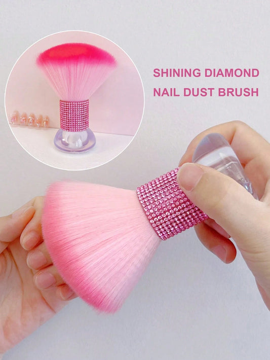 klimonla 1pc Pink Rhinestone Large Soft Bristle Nail Dust Brush, Nail Surface Cleaning Brush, Makeup Blush Brush