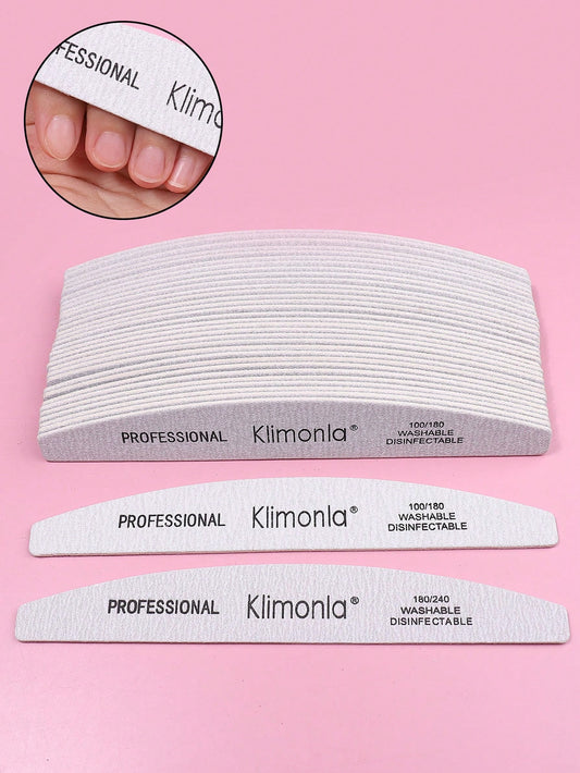 klimonla 5/10/25/50pcs Crescent-Shaped Professional Nail Files, With 80/80, 100/180 Grit Nail File Strips
