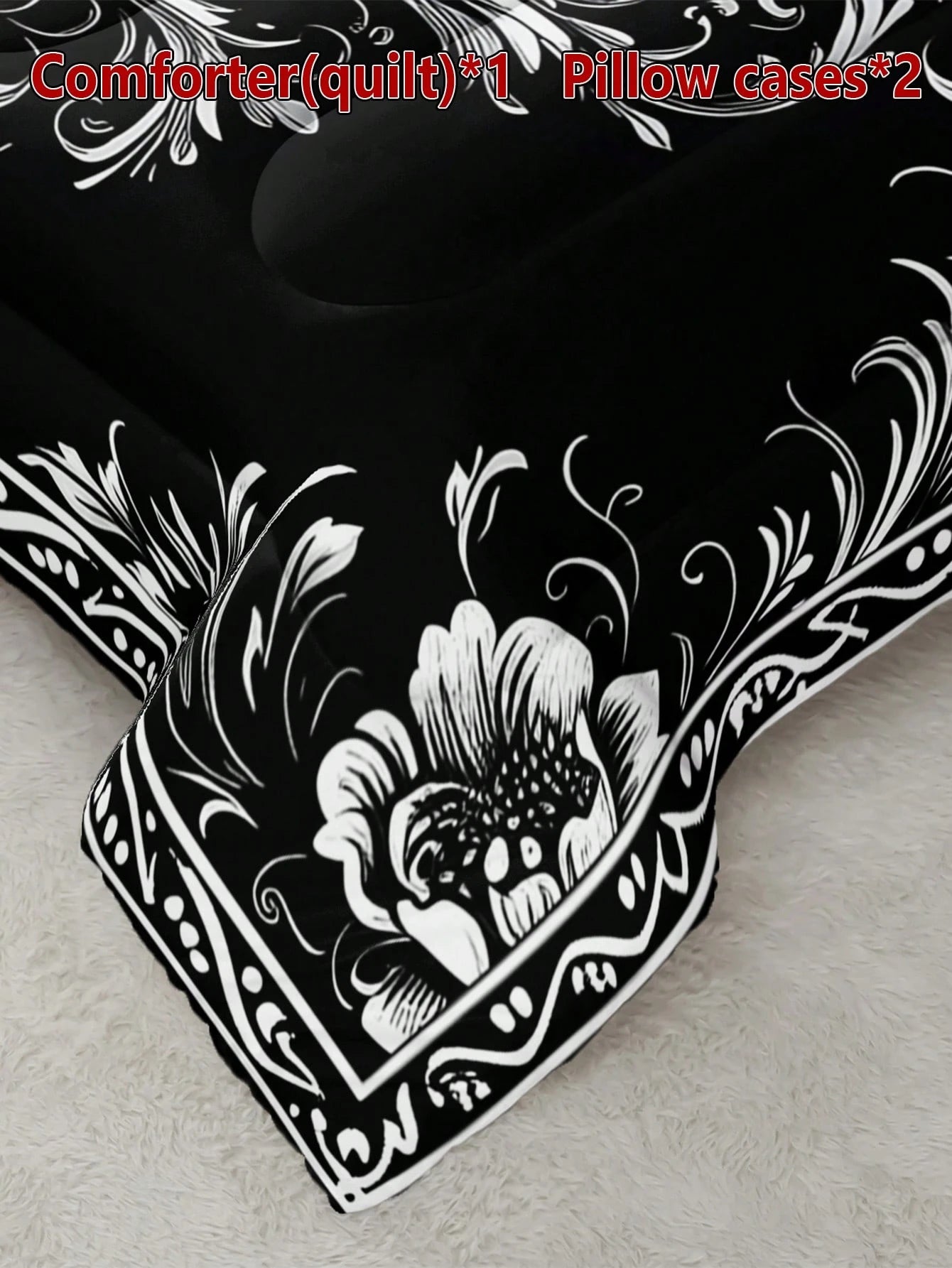 KTAbedding 3PCS Black Gray Design Skull Victorian Baroque Gothic Return To The Ancients Intensification Quilt Set (1 Comforter +2 Pillowcases Without Pillow Core), Contains Padding 180gsm Quilting Sof
