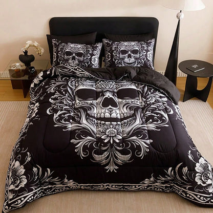 KTAbedding 3PCS Black Gray Design Skull Victorian Baroque Gothic Return To The Ancients Intensification Quilt Set (1 Comforter +2 Pillowcases Without Pillow Core), Contains Padding 180gsm Quilting Sof