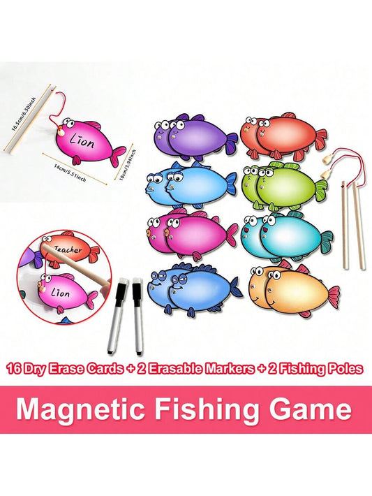 Lachilly Wooden Magnetic Fishing Game With Erasable Cards, Fine Motor Skills Toy, DIY Fishing Catch Handwritten Numbers ABC Letters Common Words Counting Color Sorting Puzzle, Spelling Reading Board G