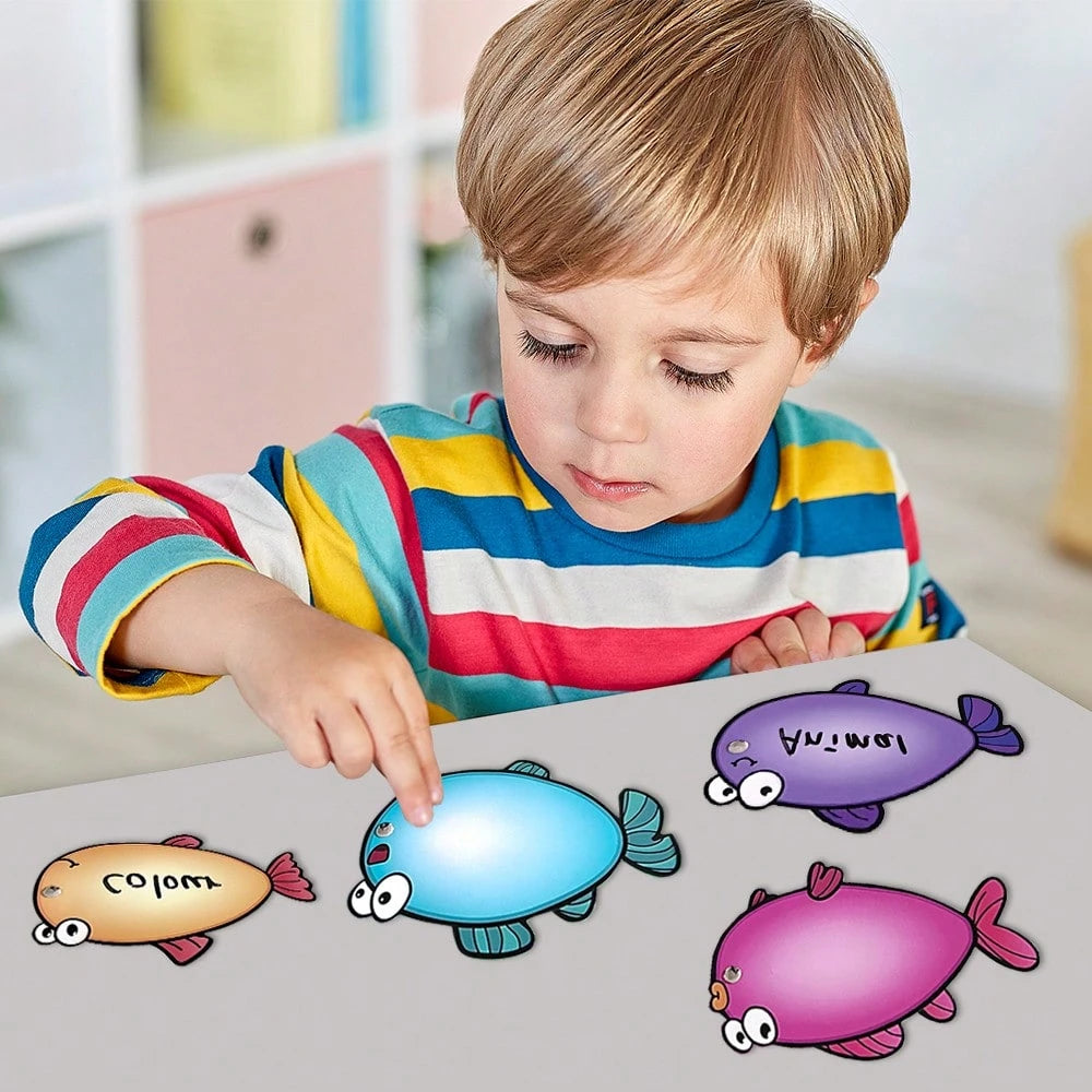 Lachilly Wooden Magnetic Fishing Game With Erasable Cards, Fine Motor Skills Toy, DIY Fishing Catch Handwritten Numbers ABC Letters Common Words Counting Color Sorting Puzzle, Spelling Reading Board G
