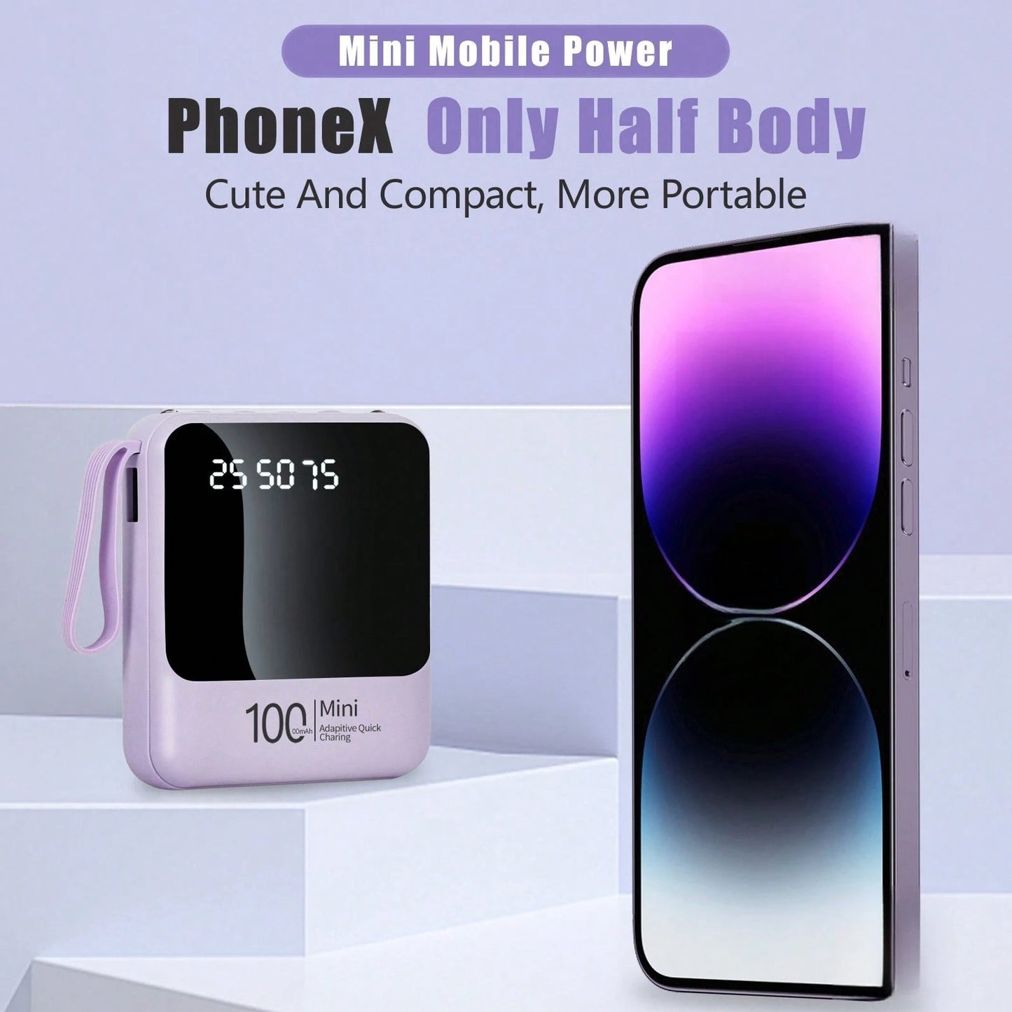 LADAPU 10000mAh 5V5W Cute Mini Portable Pocket Size Slow Charging Power Bank, Small Size Large Capacity High Appearance, Build With 3 Cables, High-Speed Rechargeable Battery, For Android Phone, Gifts