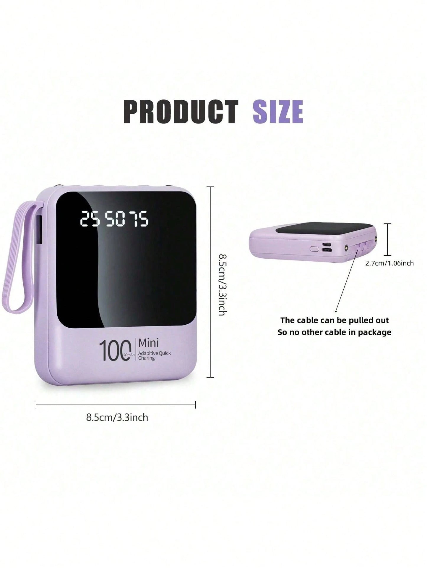 LADAPU 10000mAh 5V5W Cute Mini Portable Pocket Size Slow Charging Power Bank, Small Size Large Capacity High Appearance, Build With 3 Cables, High-Speed Rechargeable Battery, For Android Phone, Gifts