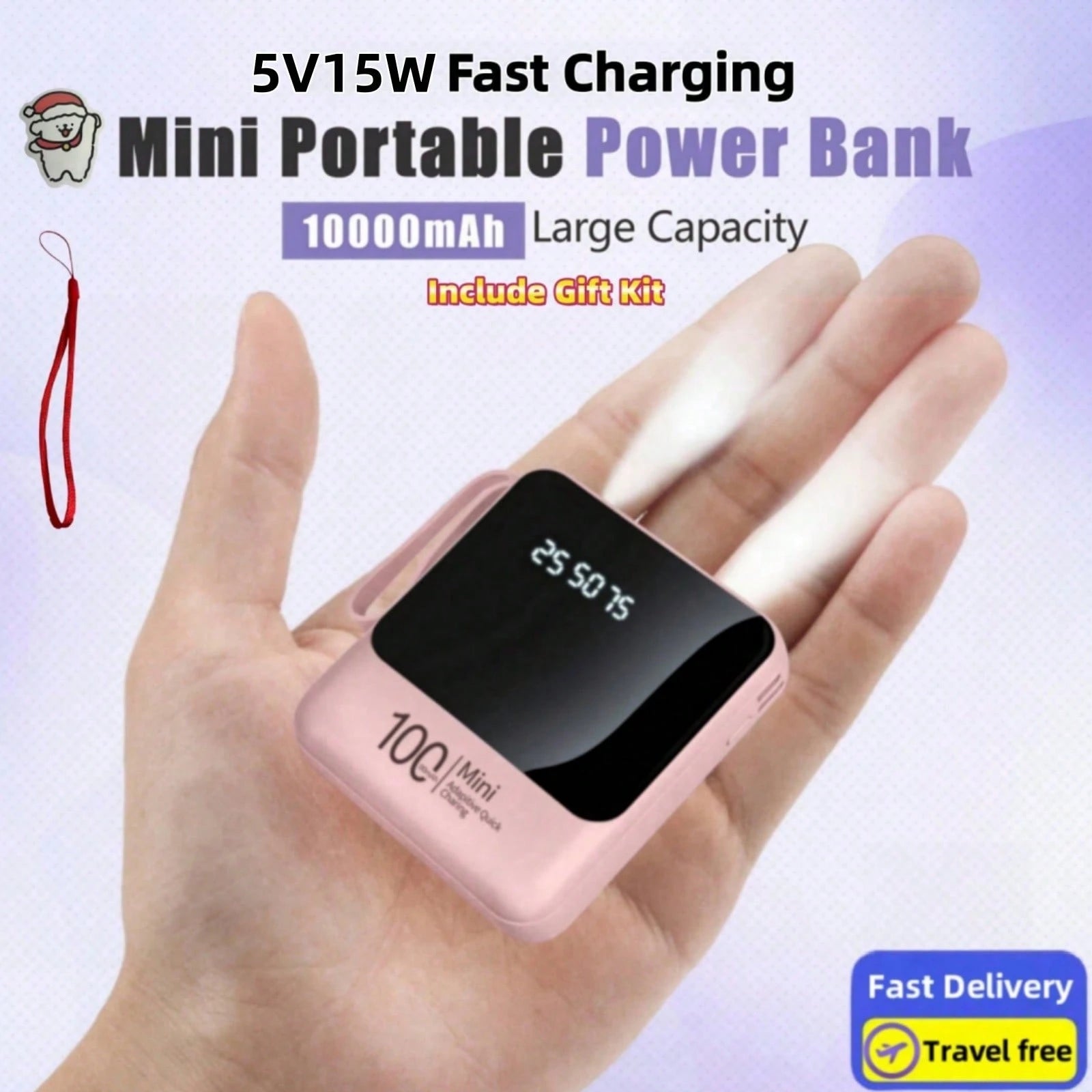 LADAPU 10000mAh 5V5W Cute Mini Portable Pocket Size Slow Charging Power Bank, Small Size Large Capacity High Appearance, Build With 3 Cables, High-Speed Rechargeable Battery, For Android Phone, Gifts