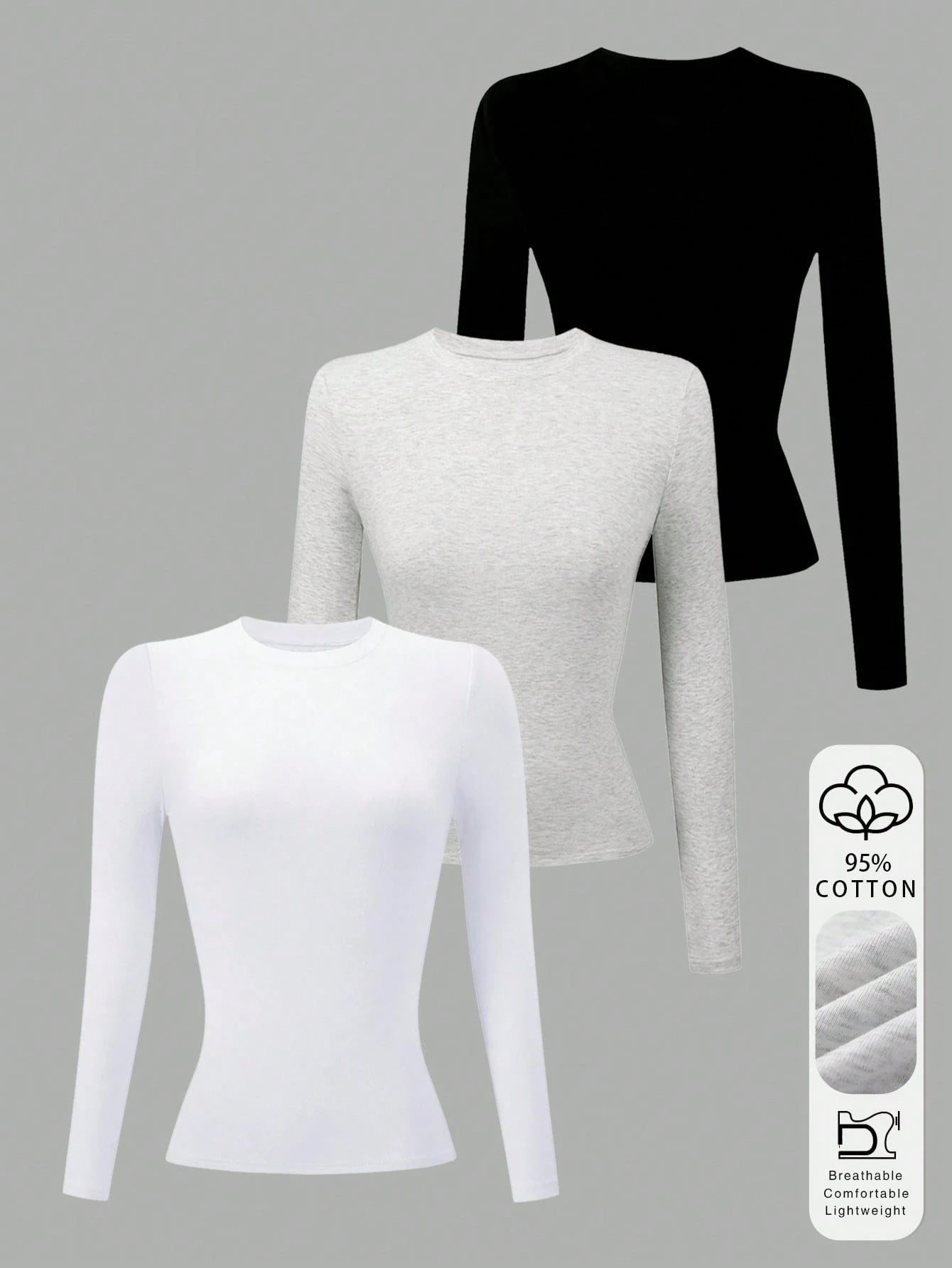 Lalippa 3pcs Women Cotton Long Sleeve Solid Color Fitted Crew Neck T-Shirts