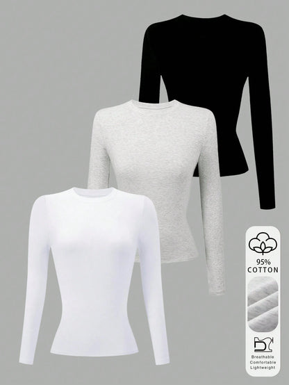 Lalippa 3pcs Women Cotton Long Sleeve Solid Color Fitted Crew Neck T-Shirts