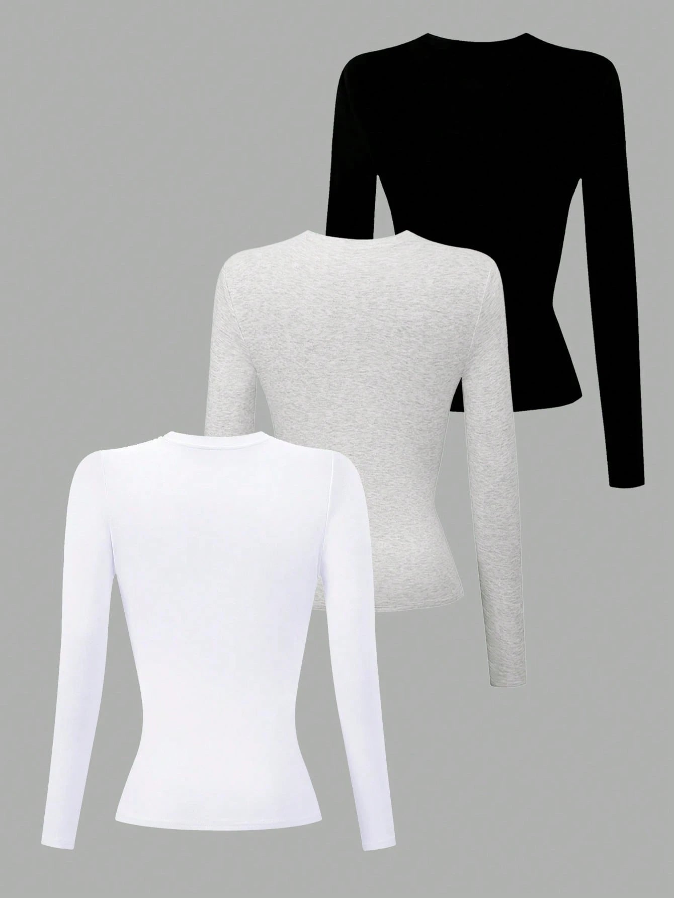 Lalippa 3pcs Women Cotton Long Sleeve Solid Color Fitted Crew Neck T-Shirts