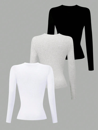 Lalippa 3pcs Women Cotton Long Sleeve Solid Color Fitted Crew Neck T-Shirts
