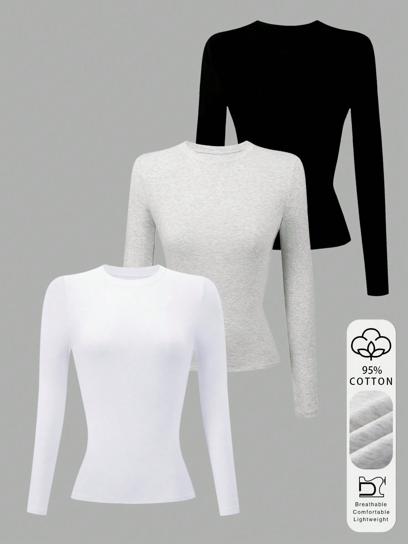 Lalippa 3pcs Women Cotton Long Sleeve Solid Color Fitted Crew Neck T-Shirts