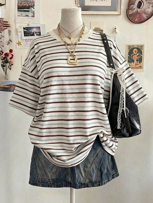 Lalippa Striped Digital Print Casual Oversized Mid-Length Round Neck Drop Shoulder Women T-Shirt, Gift For Friends