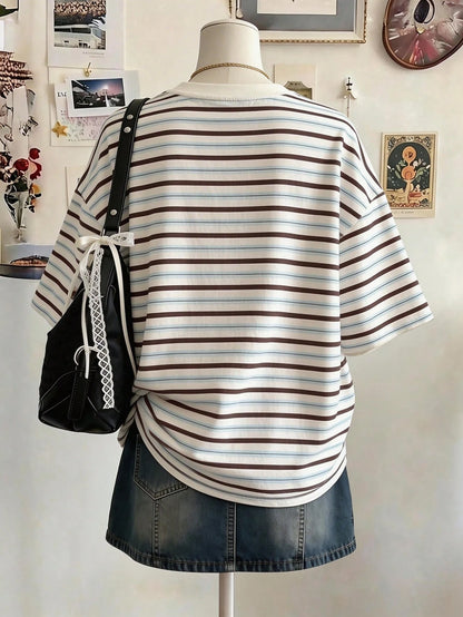 Lalippa Striped Digital Print Casual Oversized Mid-Length Round Neck Drop Shoulder Women T-Shirt, Gift For Friends