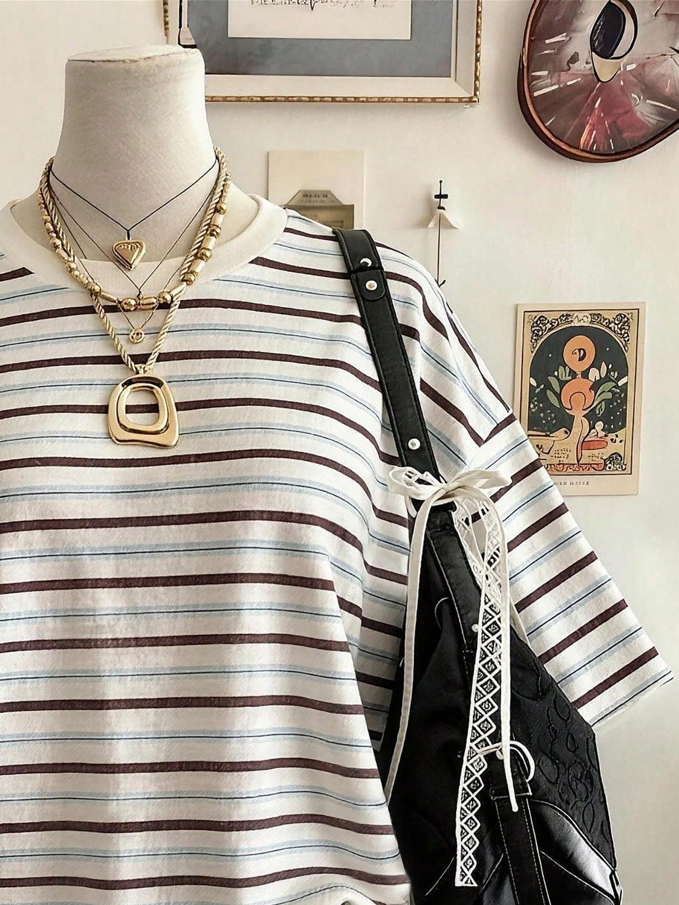 Lalippa Striped Digital Print Casual Oversized Mid-Length Round Neck Drop Shoulder Women T-Shirt, Gift For Friends