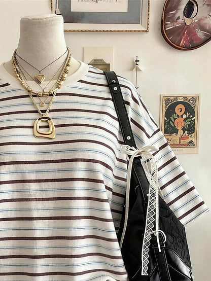 Lalippa Striped Digital Print Casual Oversized Mid-Length Round Neck Drop Shoulder Women T-Shirt, Gift For Friends