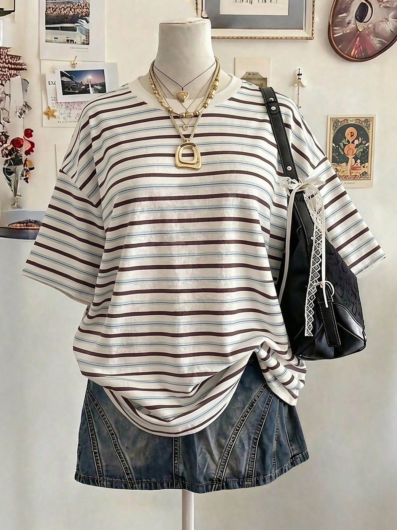 Lalippa Striped Digital Print Casual Oversized Mid-Length Round Neck Drop Shoulder Women T-Shirt, Gift For Friends