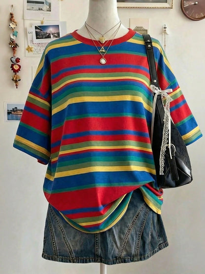 Lalippa Striped Digital Print Fashionable Minimalist Oversized Mid-Length Round Neck Drop Shoulder Women T-Shirt, Gift For Friends