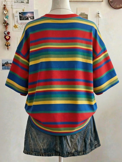 Lalippa Striped Digital Print Fashionable Minimalist Oversized Mid-Length Round Neck Drop Shoulder Women T-Shirt, Gift For Friends