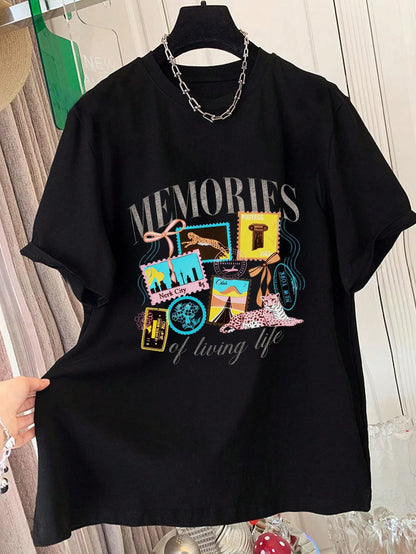 Lalippa Striped Digital Print Fashionable Minimalist Oversized Mid-Length Round Neck Drop Shoulder Women T-Shirt, Gift For Friends