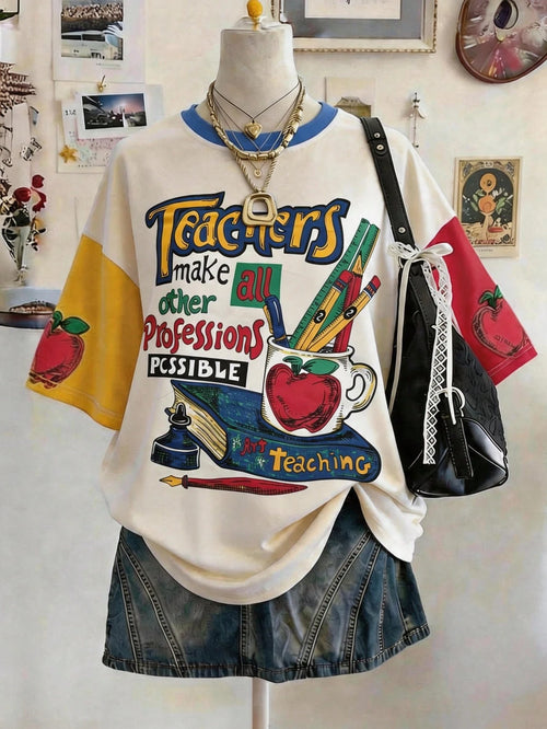 Lalippa Teacher's Day Digitally Printed Fashionable Minimalist Oversized Mid-Length Round Neck Drop Shoulder Women's T-Shirt, Gift For Friends