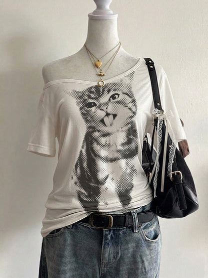 Lalippa Women's Cat Print Off-Shoulder Short Sleeve Casual T-Shirt