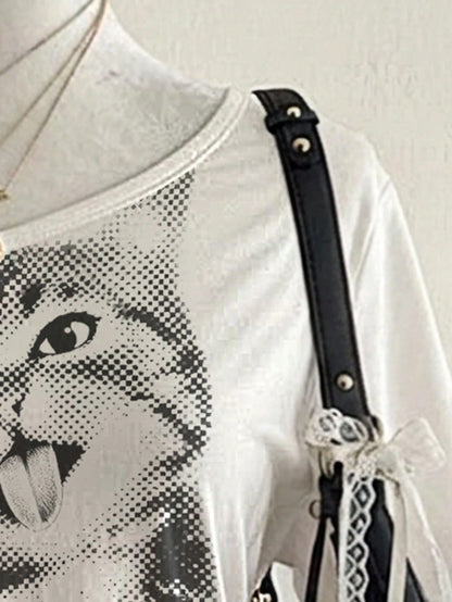 Lalippa Women's Cat Print Off-Shoulder Short Sleeve Casual T-Shirt