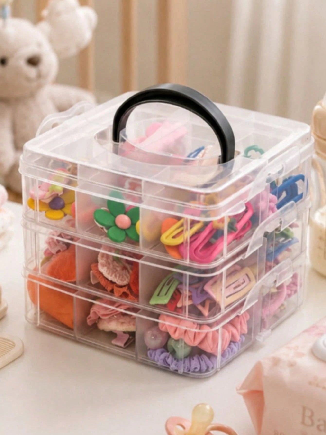 Large Capacity Baby Hair Accessories Storage Box With Handle, Transparent Baby Care Storage Box, Suitable For Hair Clips, Bows, Baby Supplies