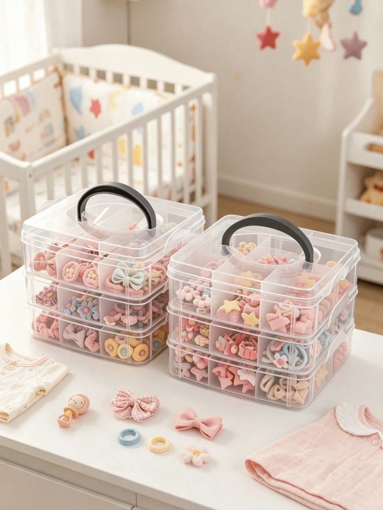 Large Capacity Baby Hair Accessories Storage Box With Handle, Transparent Baby Care Storage Box, Suitable For Hair Clips, Bows, Baby Supplies