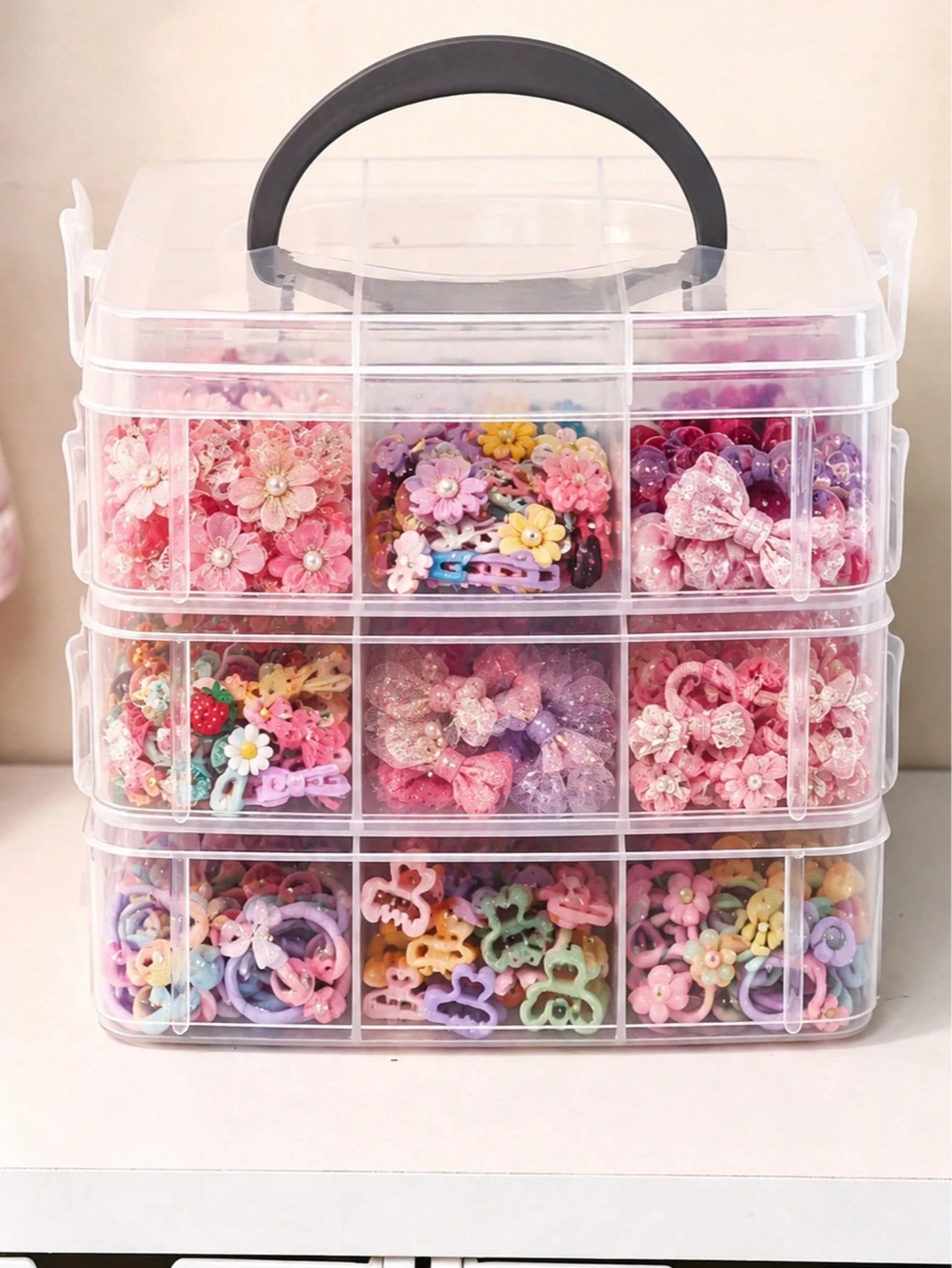 Large Capacity Baby Hair Accessories Storage Box With Handle, Transparent Baby Care Storage Box, Suitable For Hair Clips, Bows, Baby Supplies