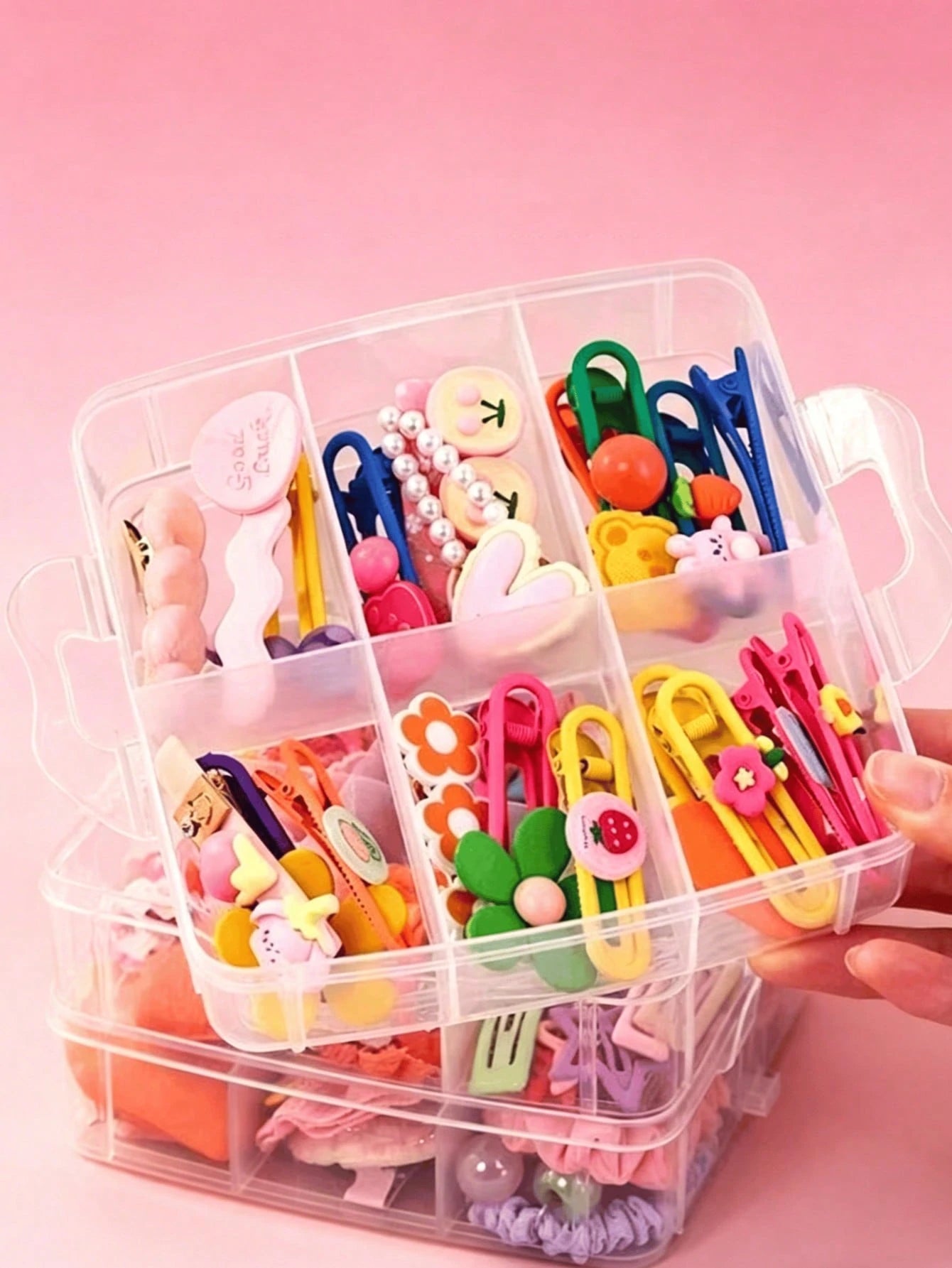 Large Capacity Baby Hair Accessories Storage Box With Handle, Transparent Baby Care Storage Box, Suitable For Hair Clips, Bows, Baby Supplies
