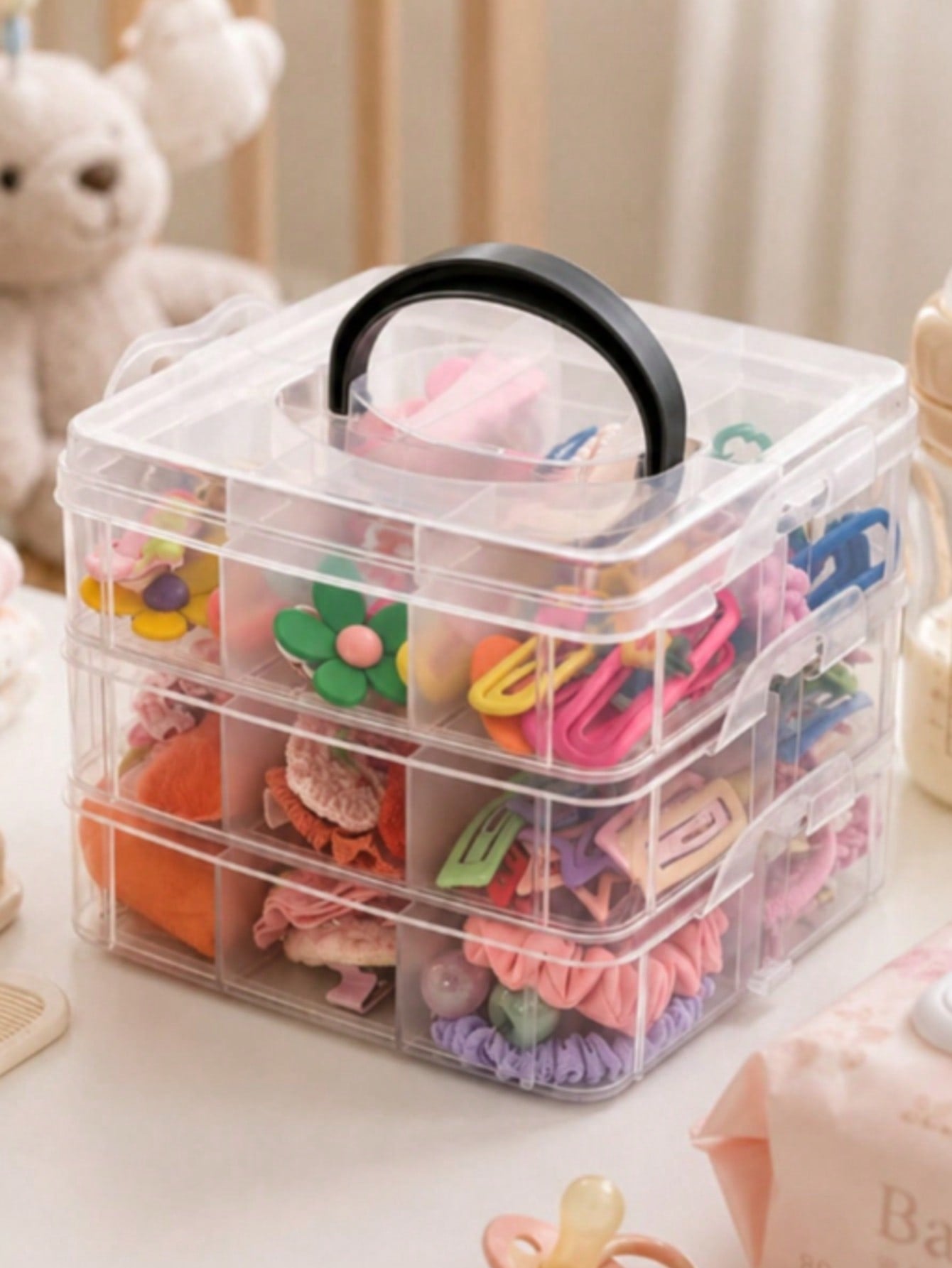 Large Capacity Baby Hair Accessories Storage Box With Handle, Transparent Baby Care Storage Box, Suitable For Hair Clips, Bows, Baby Supplies