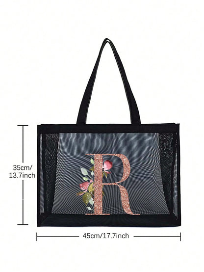 Large Capacity Tote Bags Beach Bag Women's Outdoor Fashion Shoulder Bag Handbags Shopping Bags Letter Print Organizer Mesh Bag Multifunctional Portable Storage Bags For Travel Camping Seabeach, Summer