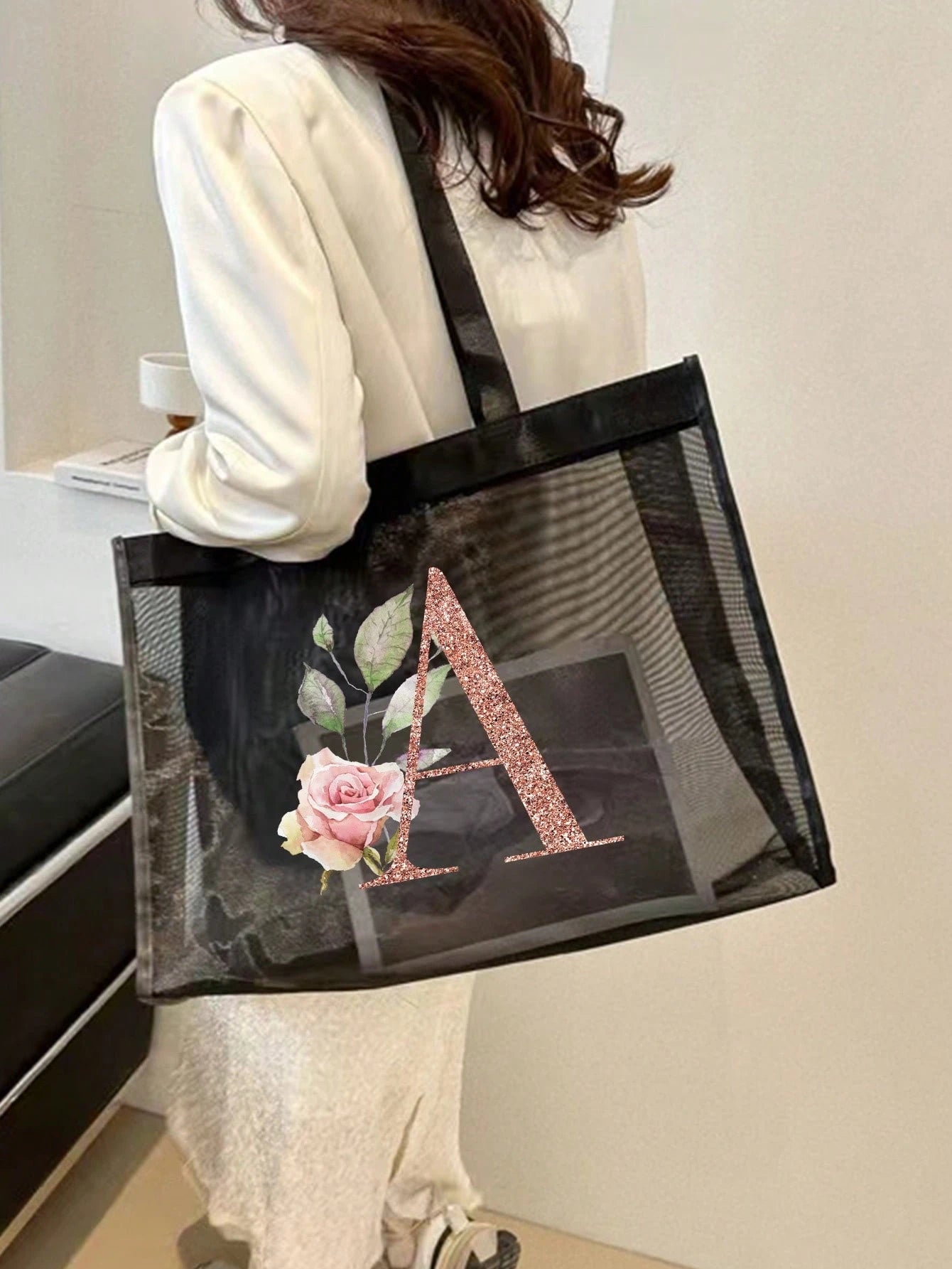 Large Capacity Tote Bags Beach Bag Women's Outdoor Fashion Shoulder Bag Handbags Shopping Bags Letter Print Organizer Mesh Bag Multifunctional Portable Storage Bags For Travel Camping Seabeach, Summer