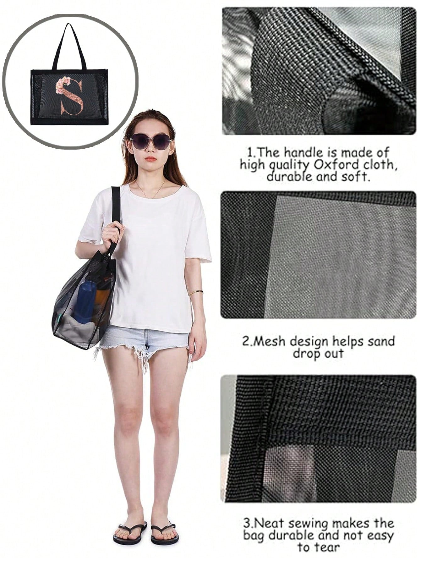 Large Capacity Tote Bags Beach Bag Women's Outdoor Fashion Shoulder Bag Handbags Shopping Bags Letter Print Organizer Mesh Bag Multifunctional Portable Storage Bags For Travel Camping Seabeach, Summer