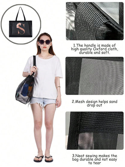 Large Capacity Tote Bags Beach Bag Women's Outdoor Fashion Shoulder Bag Handbags Shopping Bags Letter Print Organizer Mesh Bag Multifunctional Portable Storage Bags For Travel Camping Seabeach, Summer