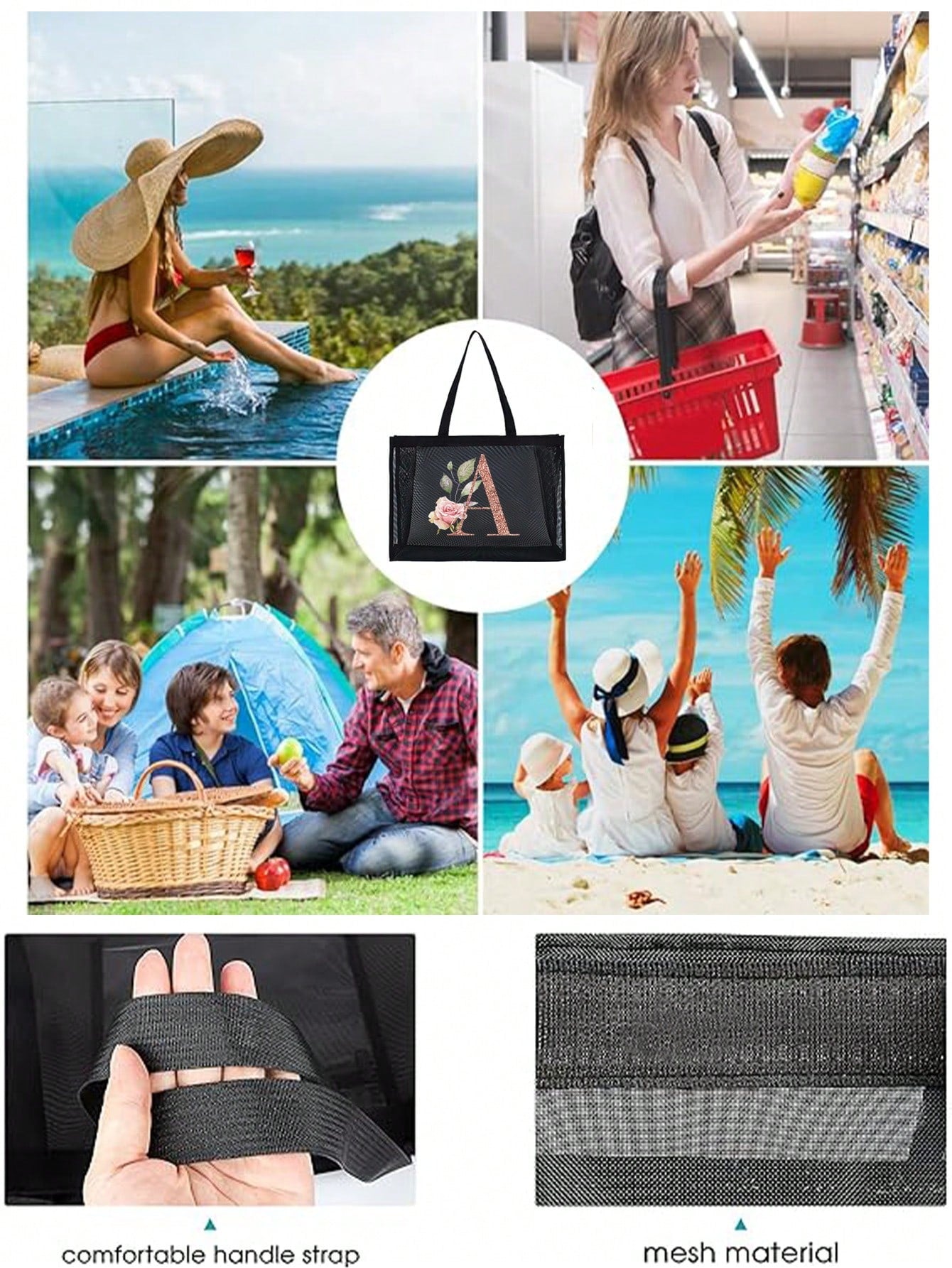 Large Capacity Tote Bags Beach Bag Women's Outdoor Fashion Shoulder Bag Handbags Shopping Bags Letter Print Organizer Mesh Bag Multifunctional Portable Storage Bags For Travel Camping Seabeach, Summer