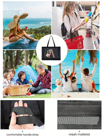 Large Capacity Tote Bags Beach Bag Women's Outdoor Fashion Shoulder Bag Handbags Shopping Bags Letter Print Organizer Mesh Bag Multifunctional Portable Storage Bags For Travel Camping Seabeach, Summer