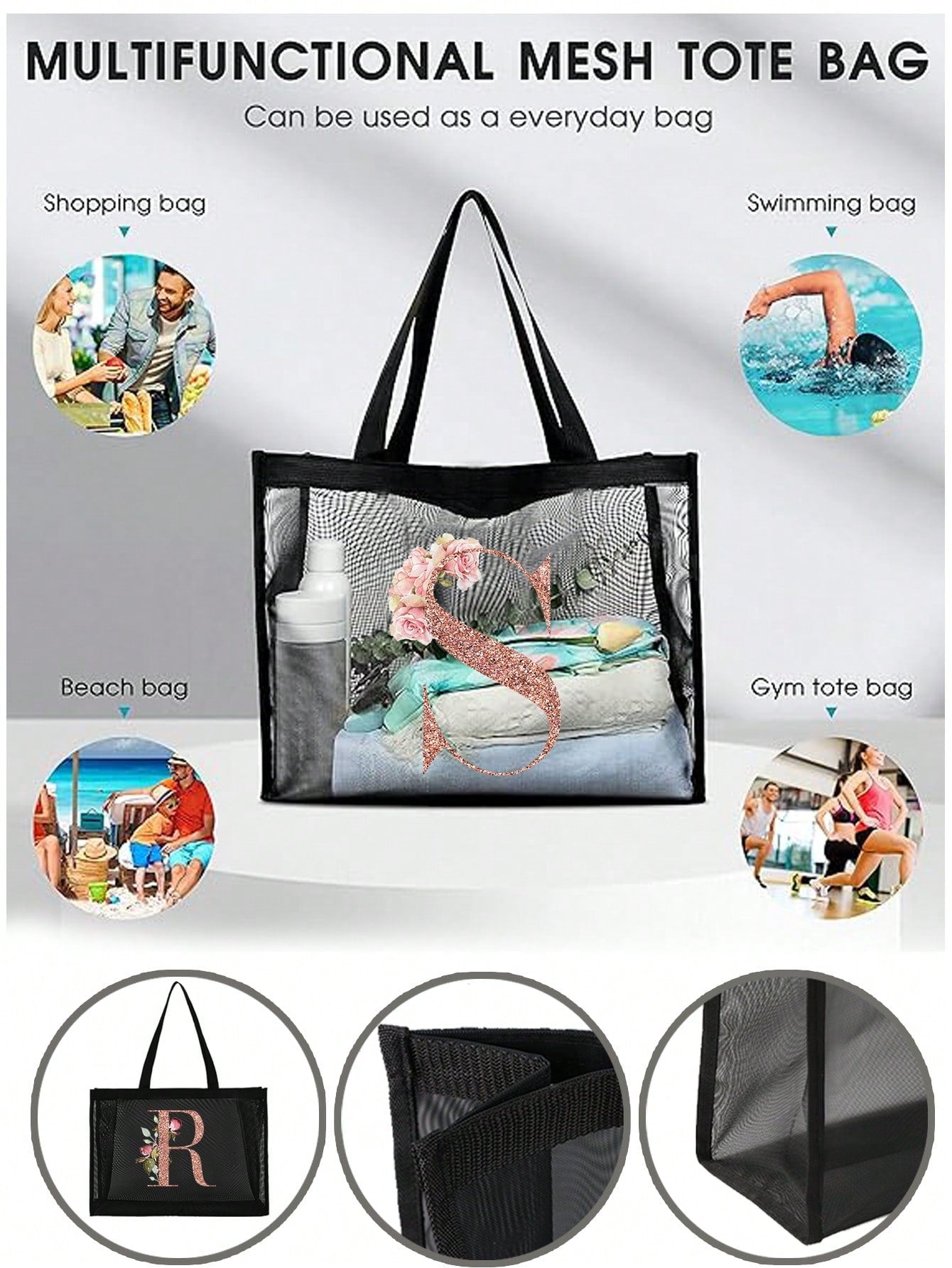 Large Capacity Tote Bags Beach Bag Women's Outdoor Fashion Shoulder Bag Handbags Shopping Bags Letter Print Organizer Mesh Bag Multifunctional Portable Storage Bags For Travel Camping Seabeach, Summer
