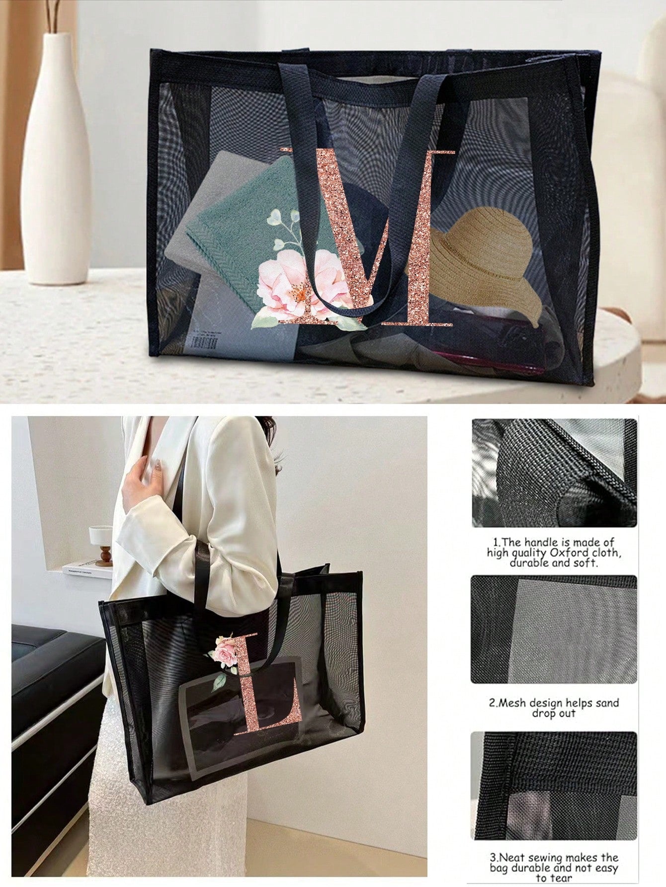 Large Capacity Tote Bags Beach Bag Women's Outdoor Fashion Shoulder Bag Handbags Shopping Bags Letter Print Organizer Mesh Bag Multifunctional Portable Storage Bags For Travel Camping Seabeach, Summer